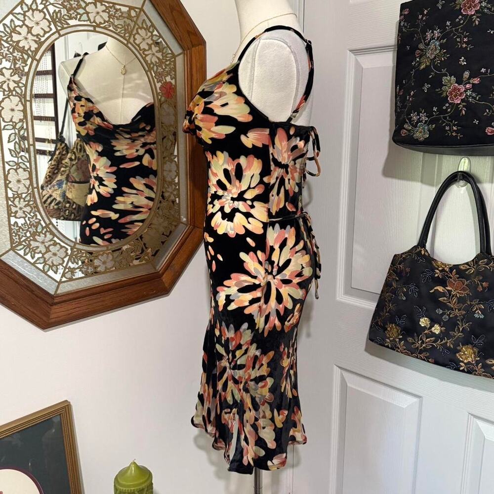 Rat & Boa Soleil Black, Orange Floral Velvet Burnout Silk Cowl Neck Mini Dress S - Picture 3 of 8